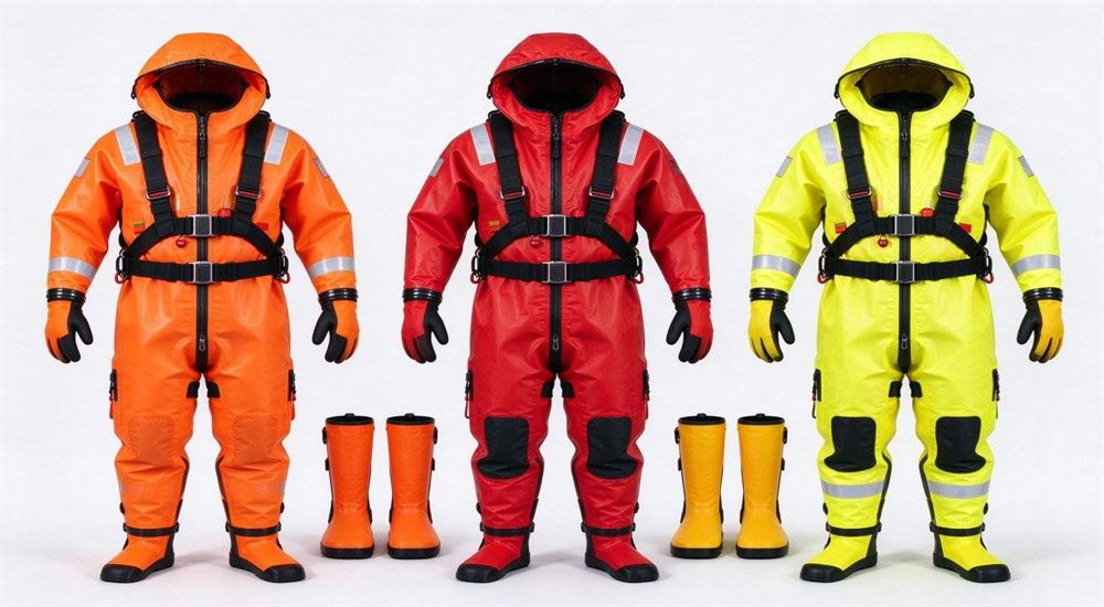 Extreme cold water rescue equipment package showing thermal protection dry suits hoods gloves and footwear for ice and winter water operations