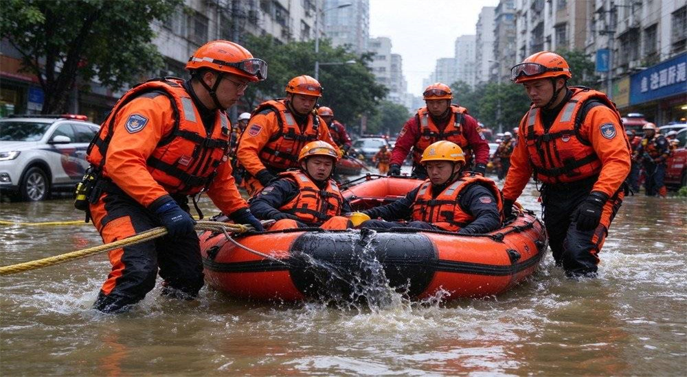 Water rescue team fully equipped group photo showing diverse team members in PFDs helmets and dry suits ready for professional emergency response