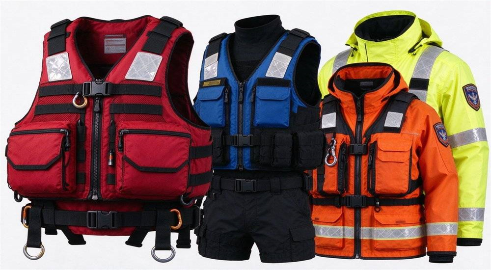 Water rescue PFD collection multiple types showing foam inflatable and hybrid models with various buoyancy ratings for different operational needs