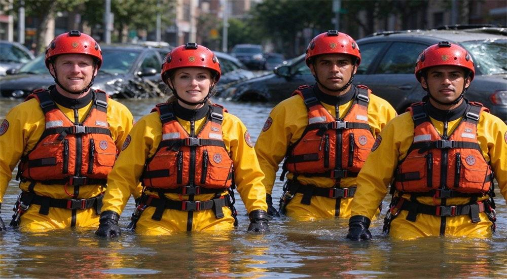 Flood rescue urban operation team working in submerged street environment with PFDs helmets and ropes performing civilian evacuation and rescue