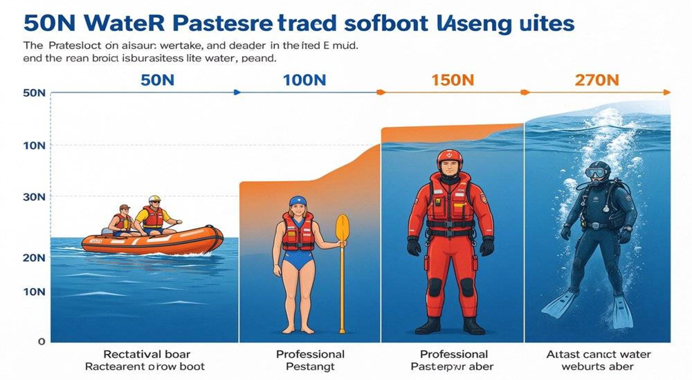 Buoyancy rating chart infographic showing 50N 100N 150N and 270N levels with recommended user types and water conditions for each rating
