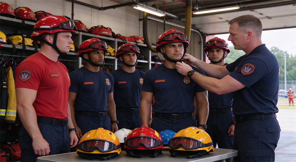 Rescue team fitting and sizing scene with multiple members trying on different PFD sizes and adjusting straps for proper operational fit