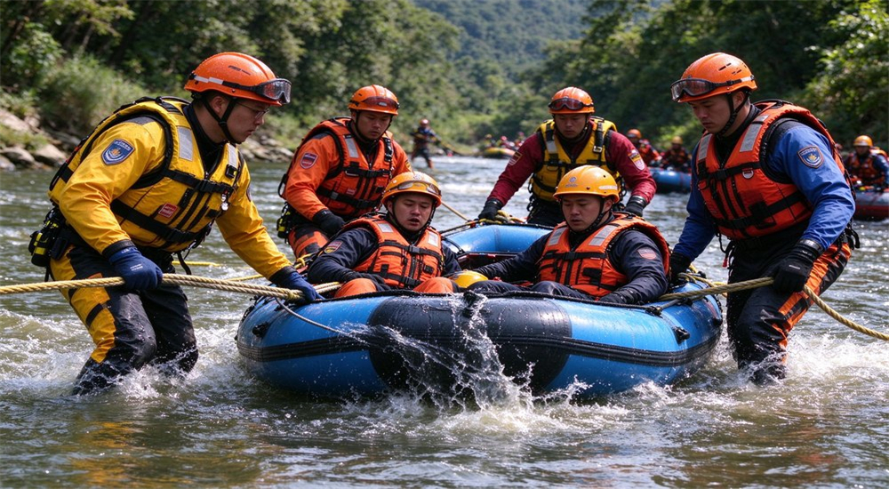 Professional swiftwater rescue team conducting live training drill in turbulent river conditions practicing rope rescue techniques and PFD usage