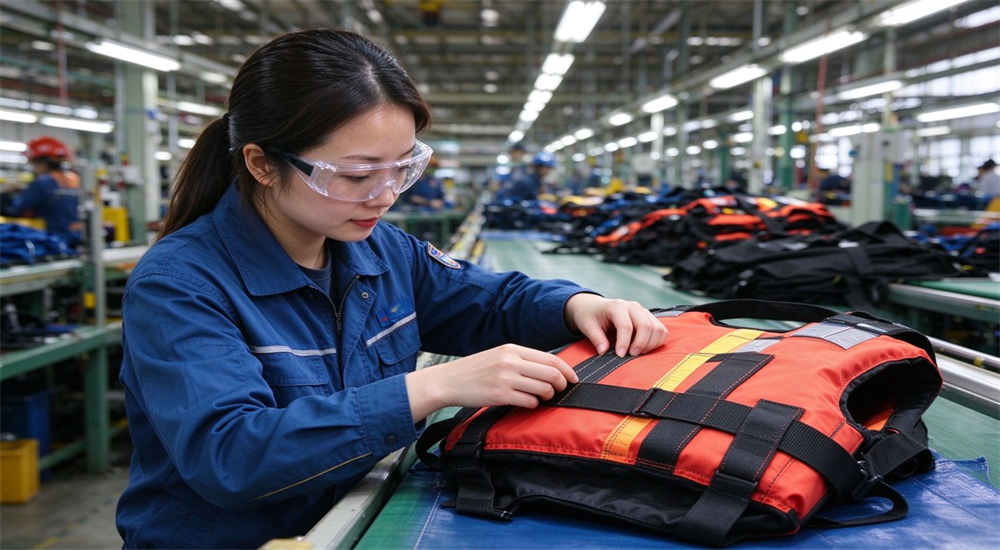 Factory quality inspection worker examining water rescue PFD for defects ensuring product quality and safety standards before shipment to customers worldwide