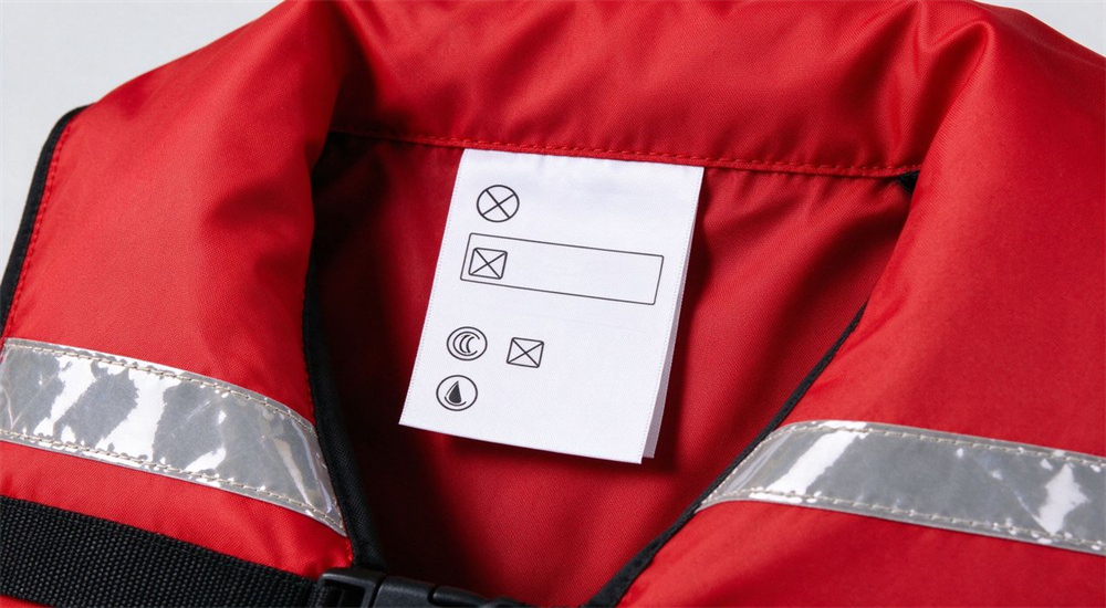 Water rescue equipment certification label showing ISO CE and safety symbols verifying product compliance with international standards for professional teams
