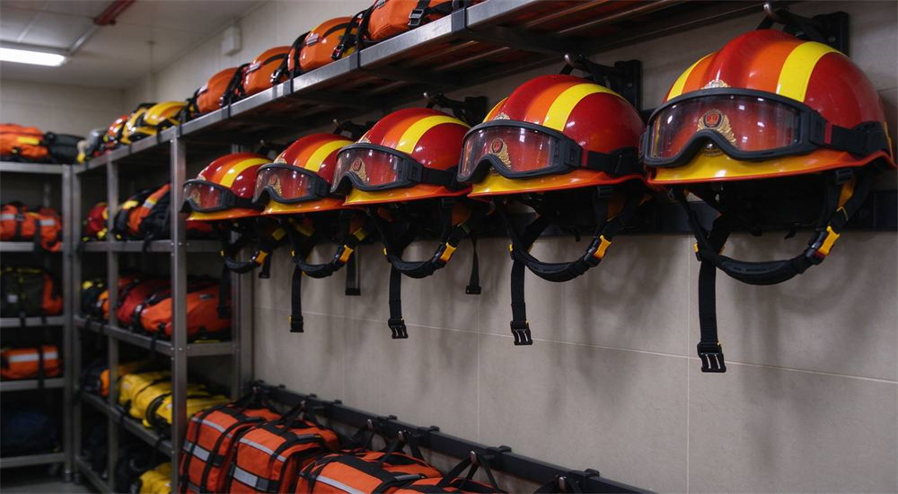 Water rescue equipment storage rack in gear room showing organized PFDs helmets and dry suits properly stored ready for emergency deployment