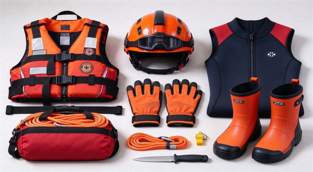 Full set of water rescue gear laid flat, including life vest, protective helmet, gloves, rope bag, rescue boots and supporting tools