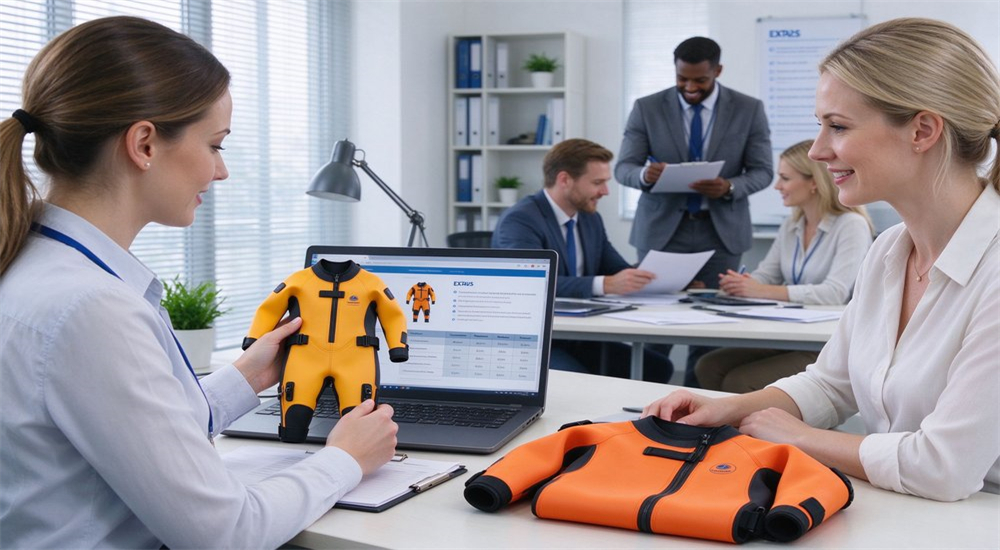 Staff discuss water rescue dry suit and communicate by comparing physical samples