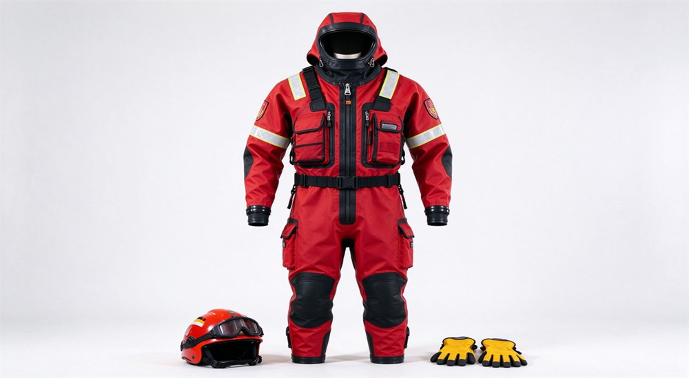 Complete display of red water rescue dry suit with protective helmet and rescue gloves