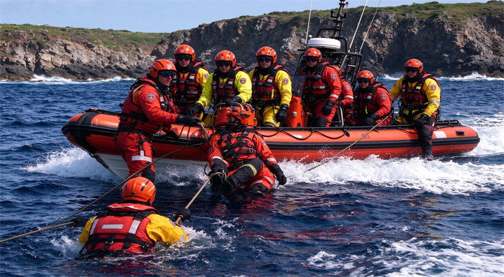 Rescue team members on inflatable boat carry out coordinated rope rescue operation on open‑sea water