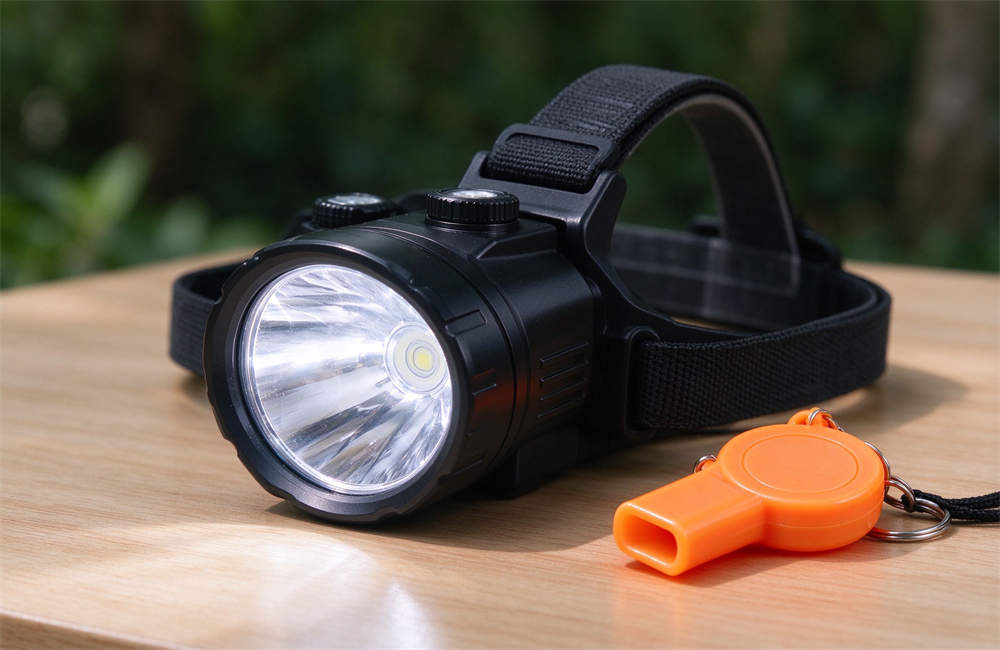 Black LED headlamp on a wooden table next to a bright orange plastic whistle for bulk orders, multiple sizes available