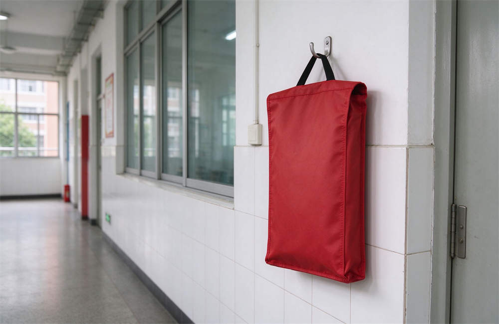 Red fire blanket bag hanging on a metal quick-release hook on a school corridor wall for bulk orders, multiple sizes available