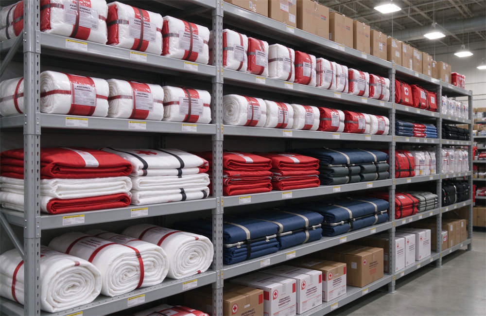 Clean bright warehouse shelves stocked with rolled emergency wool blankets, folded fire blankets, folded cots, and emergency supply boxes, well-lit with overhead lights