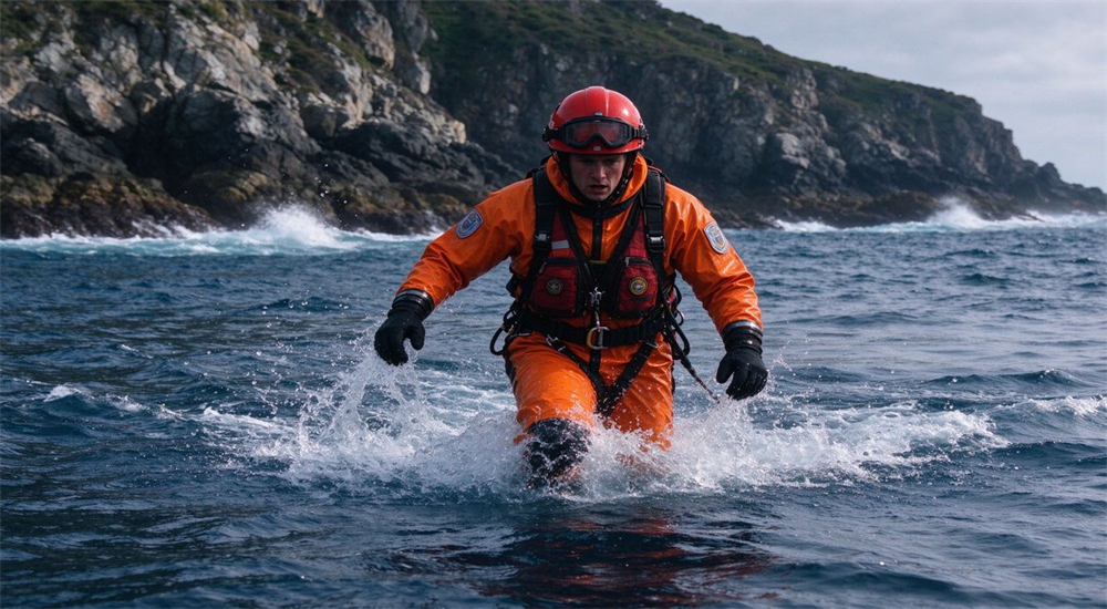 Coast guard rescuer in orange dry suit conducting cold water ocean rescue training with support boat and safety team demonstrating proper thermal protection and PFD use