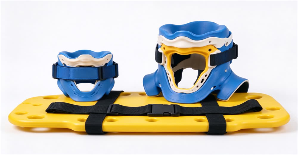 Top-down view of red cervical collar and white spinal backboard showing spinal immobilization equipment