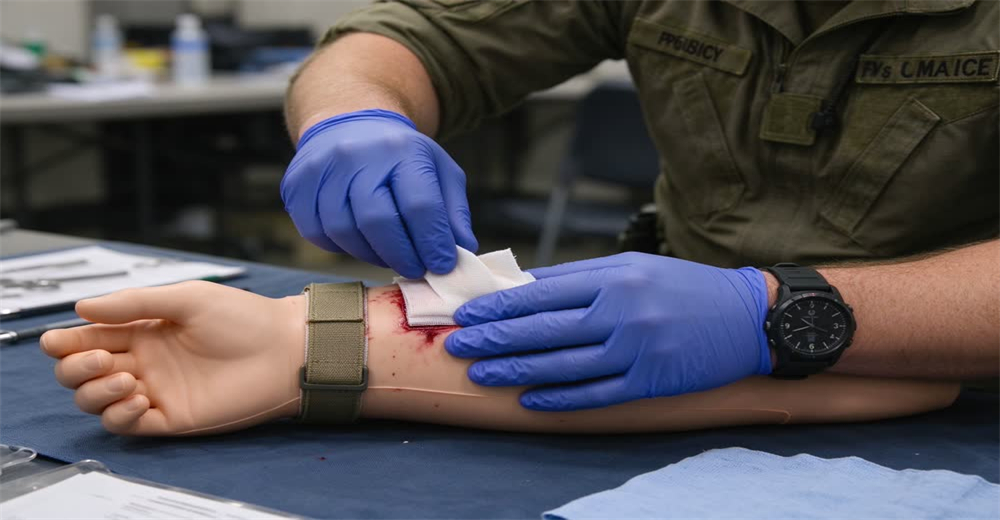 Close-up of instructor demonstrating wound packing gauze during tactical combat casualty care training Close-up of instructor demonstrating wound packing gauze during tactical combat casualty care training