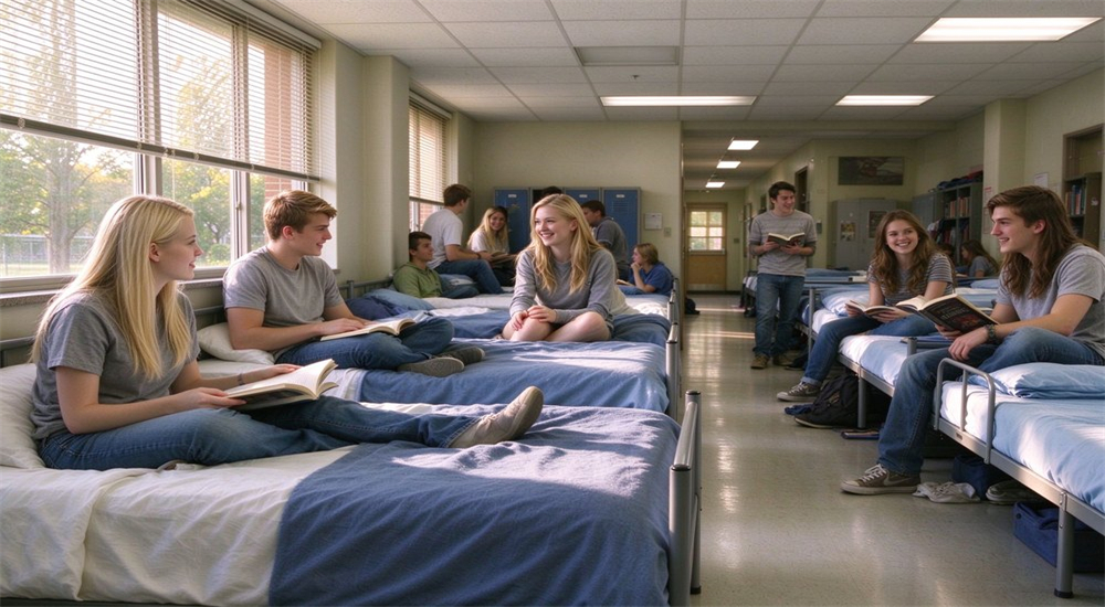 School dormitory room with multiple beds, bedding sets and storage lockers for bulk bedding procurement, showing how institutional dormitory textile supplies handle student housing capacity