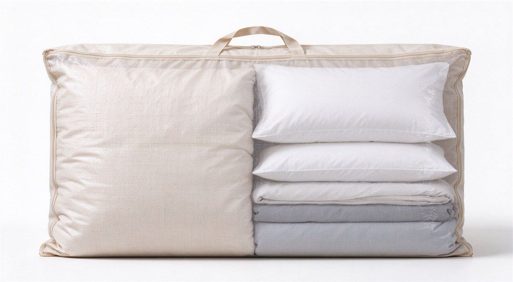 School bedding 4 piece set in woven carry bag for bulk school bedding orders, showing duvet, sheet, pillowcase and carry packaging for dormitory textile wholesale shipments