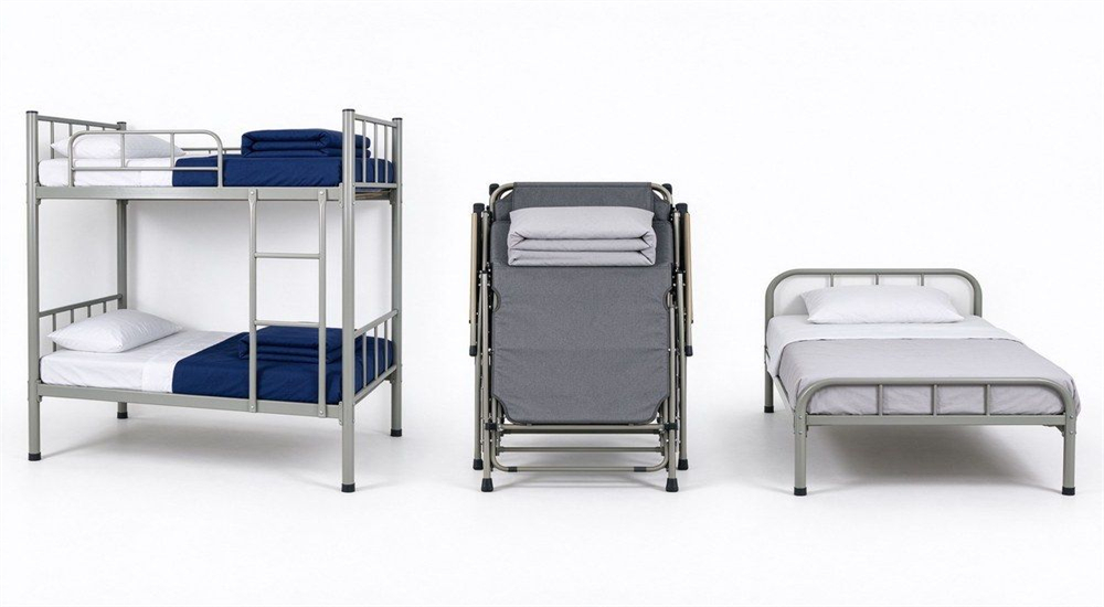 Three school bed types bunk folding cot comparison for school bed supplier selection, showing double decker bunk beds, folding cots and single frames for dormitory furniture wholesale