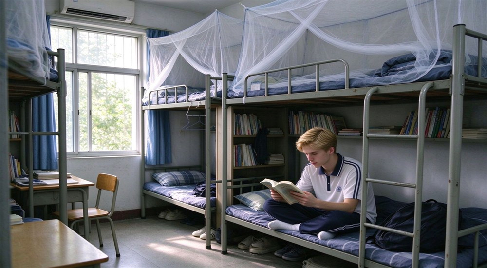 School dormitory room bunk bed student reading for school dormitory supplies, showing comfortable bedding and reading setup in bunk bed for wholesale school dormitory bedding and textile supply