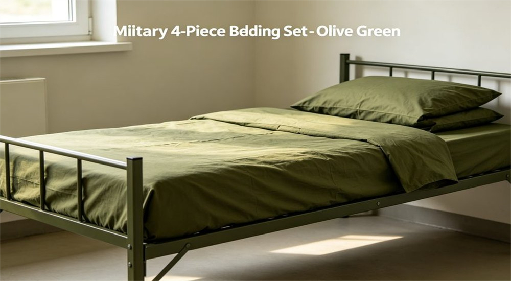Olive green four piece military bedding set arranged neatly on a cot for military bedding wholesale supplier catalog with sheets pillowcase and duvet cover for wholesale orders