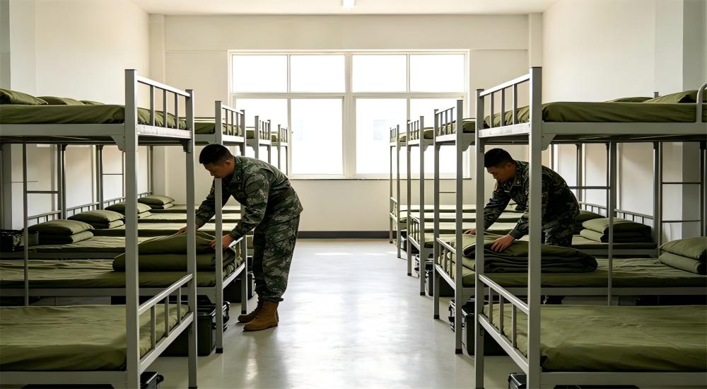 Military barracks dormitory with olive green bedding sets on multiple bunks for wholesale military textiles supplier army bedding procurement for institutional procurement and wholesale pricing