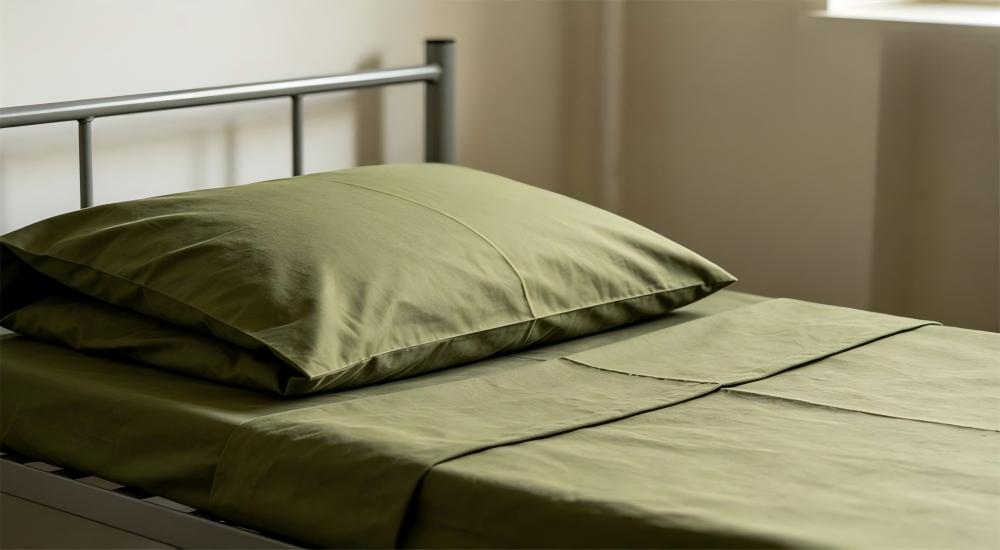 Military bedding in five fabric colour options arranged on a cot for military bedding wholesale collection display for military bedding wholesale supplier colour range selection