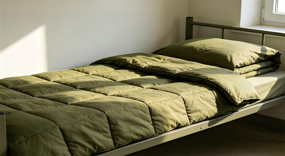 Olive green wool blend military blanket folded on a cot for wholesale military blankets supplier selection for military blankets wholesale institutional bulk purchase
