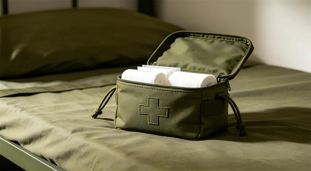 Olive green military first aid kit with bandages on a cot for military tactical survival kit wholesale supply for military tactical survival kit wholesale and field first aid