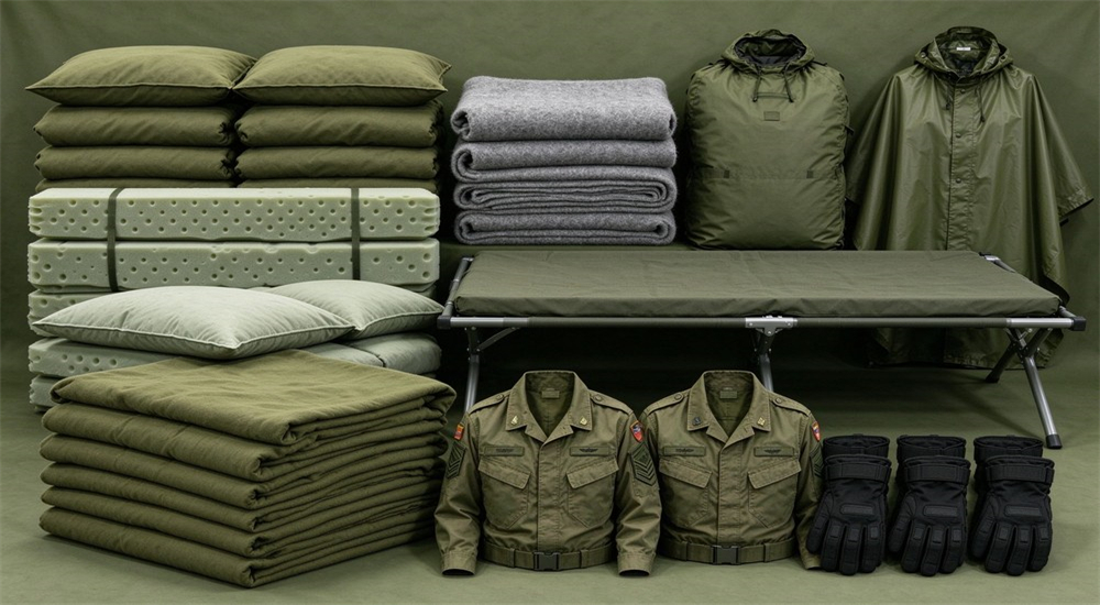 Field tactical supplies with bedding and uniforms, complete durable outdoor field gear equipment for field operations.