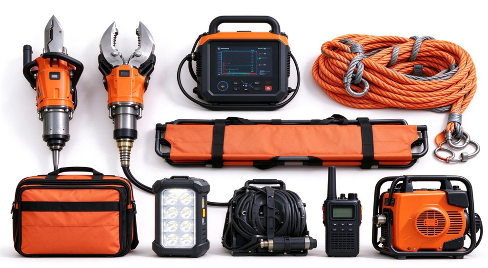 Complete hydraulic rescue equipment kit with cutters, spreaders, stretcher and supporting rescue accessories