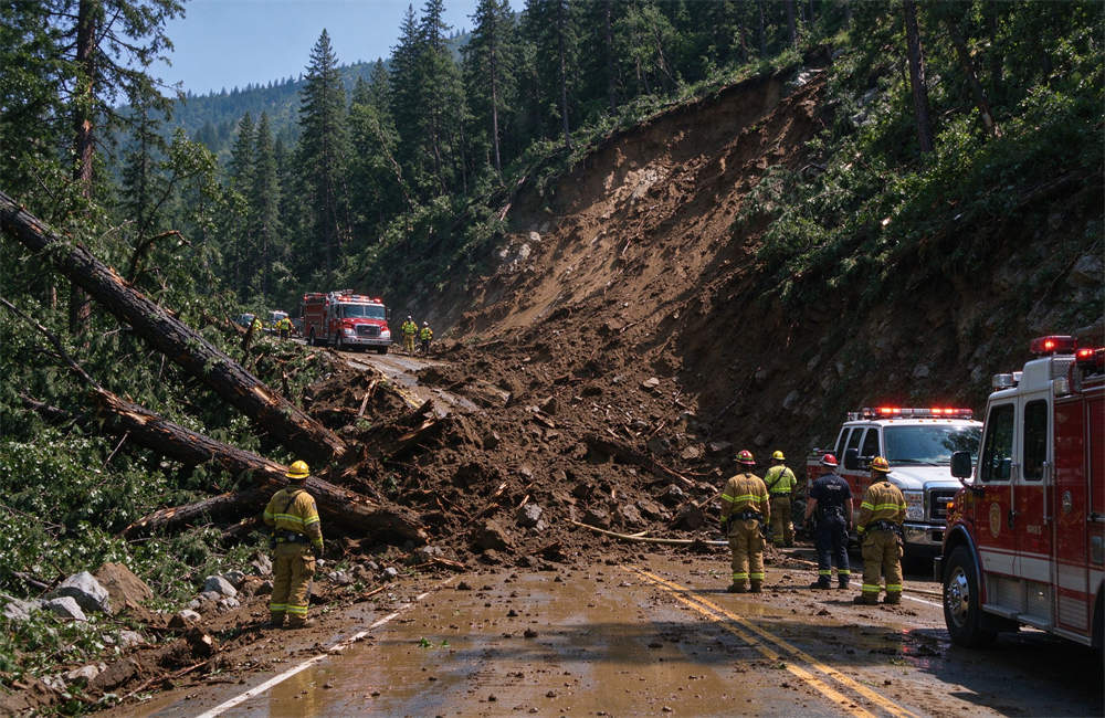 Devastating landslide on a mountain road, massive amount of mud and debris covering the road, fallen trees, rescue vehicles and emergency workers on site, dramatic wide shot