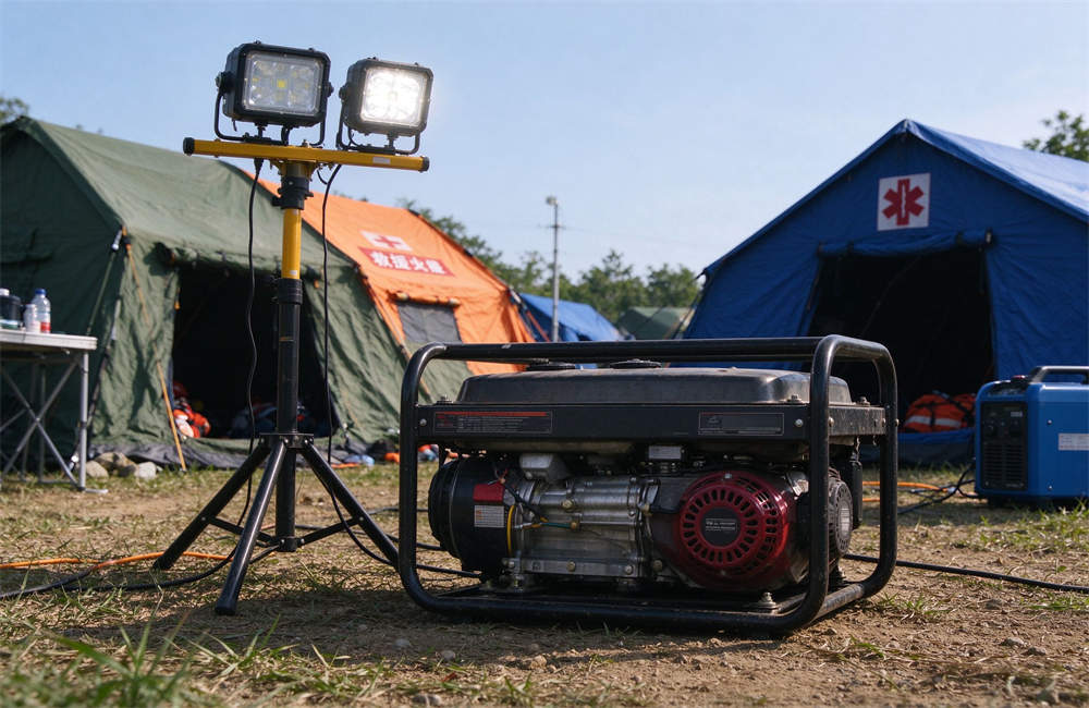 Temporary lighting tower with 4 bright LED floodlights on tripod stand, illuminated at dusk in rescue camp, clean and bright