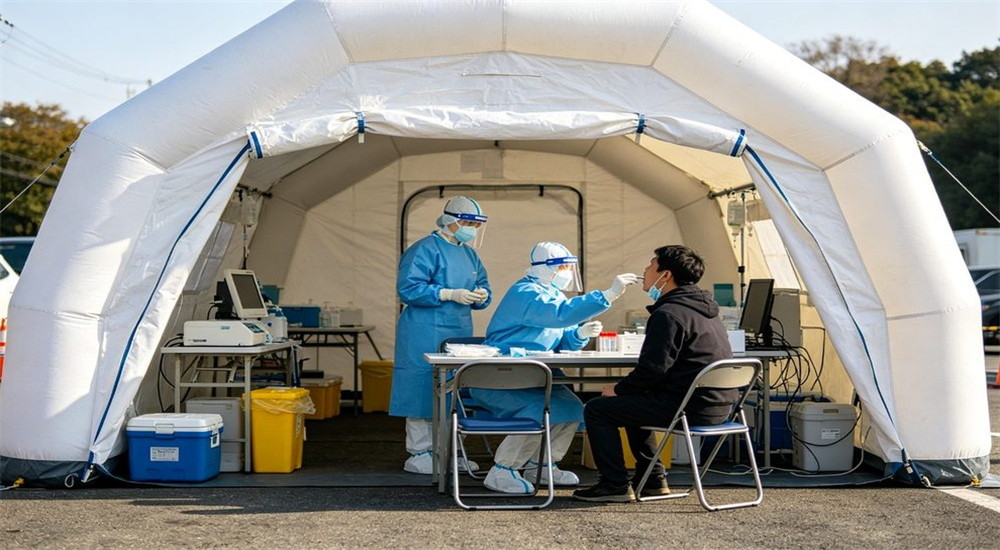 White inflatable emergency field tent, onsite emergency service works inside the shelter