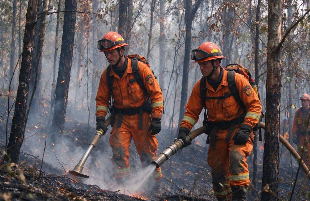 Wide-angle view of wildland firefighters working near drifting embers in forest fire suit for fire protective clothing ember resistance and wildland fire gear safety Wide-angle view of wildland firefighters working near drifting embers in forest fire suit for fire protective clothing ember resistance and wildland fire gear safety