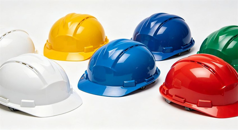Safety helmets in white yellow blue red green for role identification at work sites