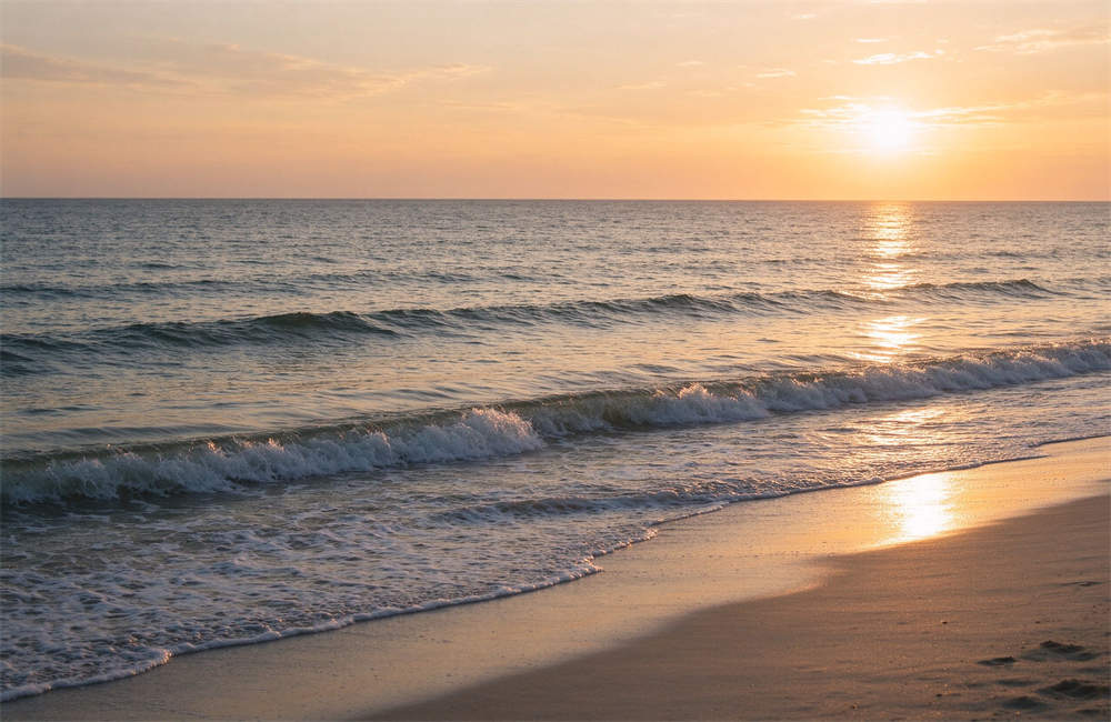 Calm peaceful ocean at sunrise with gentle waves on the beach, coastal recovery after tsunami warning, beach safety supplies in place.