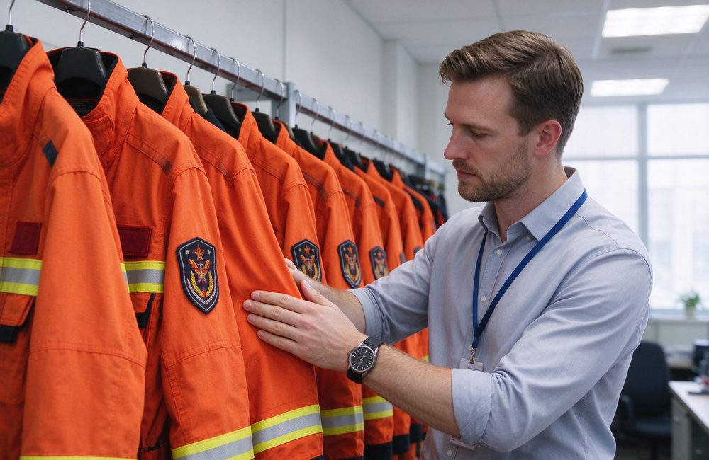 High-angle view of emergency rescue clothing export packing in cartons for orange layered rescue uniform overseas delivery and emergency response clothing international supply for emergency rescue clothing buyers