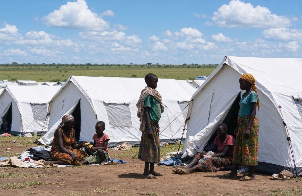 Bright African displacement camp with rows of emergency family tents and families settling, showing relief tents and shelter options for displaced households