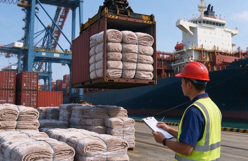 Asian port tally clerk in reflective vest checks a list as a crane lifts a container of blanket bundles onto a ship while pallets and containers fill the busy port yard