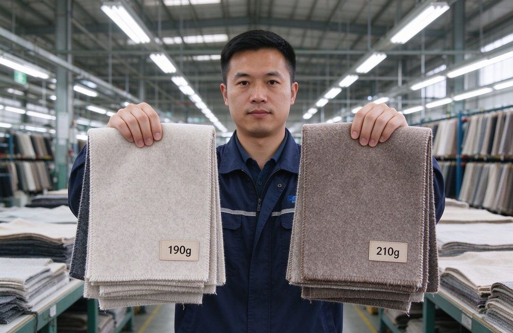 Asian quality worker holding two folded blanket samples labelled 190g and 210g in a bright textile workshop, showing national blanket GSM specifications comparison