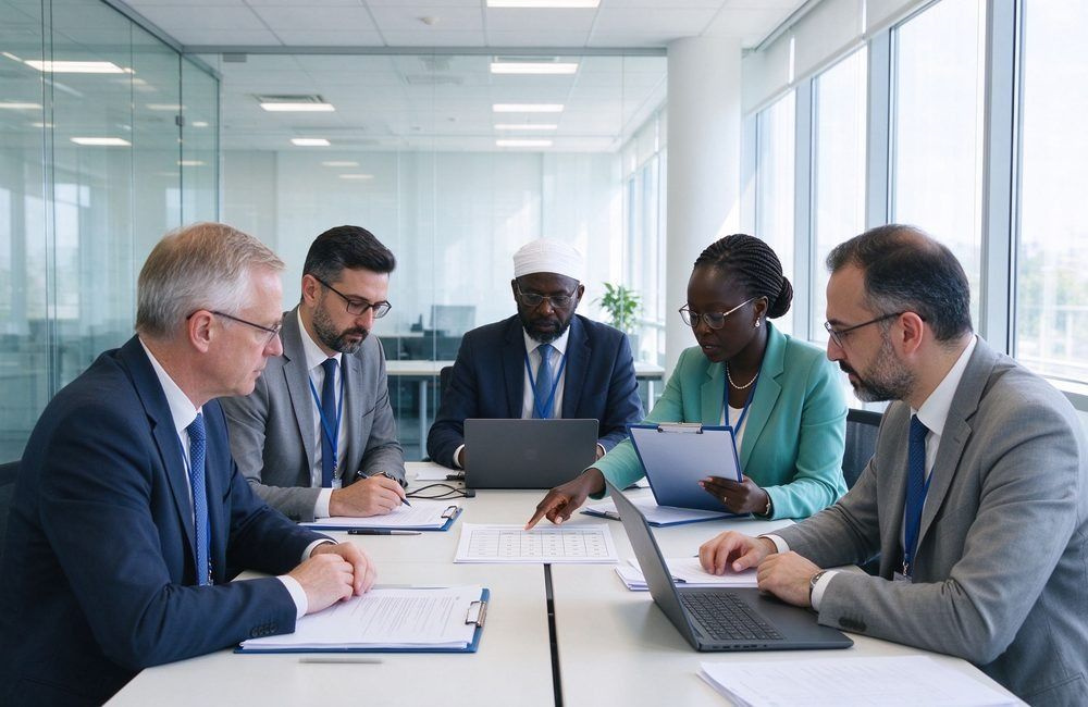 Multinational UN tender evaluation meeting with African, European and Middle Eastern members reviewing relief blanket bids at a bright conference table, showing UNHCR blankets 190 GSM procurement review