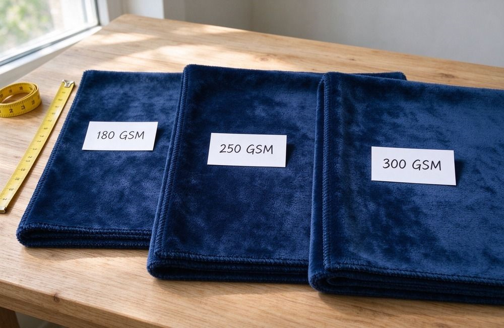 Comparison of blanket fabric weights with 190 GSM and 210 GSM samples labelled side by side on a bright table, showing UNHCR blankets 190 GSM vs 210 GSM specification choices
