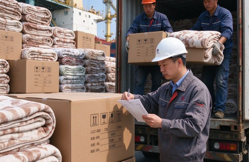 Asian inspector in uniform checks carton marks against a list while two workers load blanket cartons into a shipping container at a factory loading area in daylight
