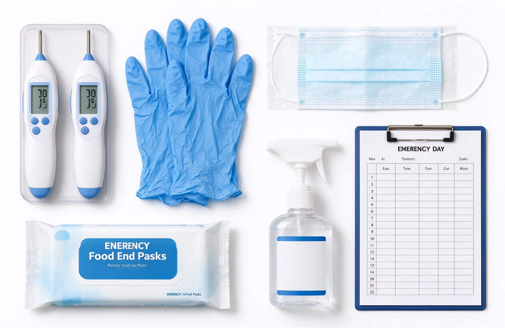 Food safety supplies flat lay: thermometer, gloves, masks, sanitizing wipes, logbook, food safety kit components for disaster relief kitchen operations