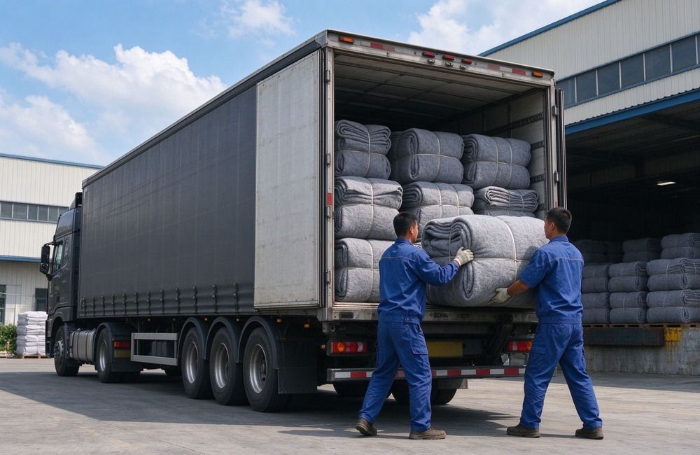 Bright relief supply truck loaded with cartons departing a warehouse for African field distribution, showing UN framework agreement delivery logistics