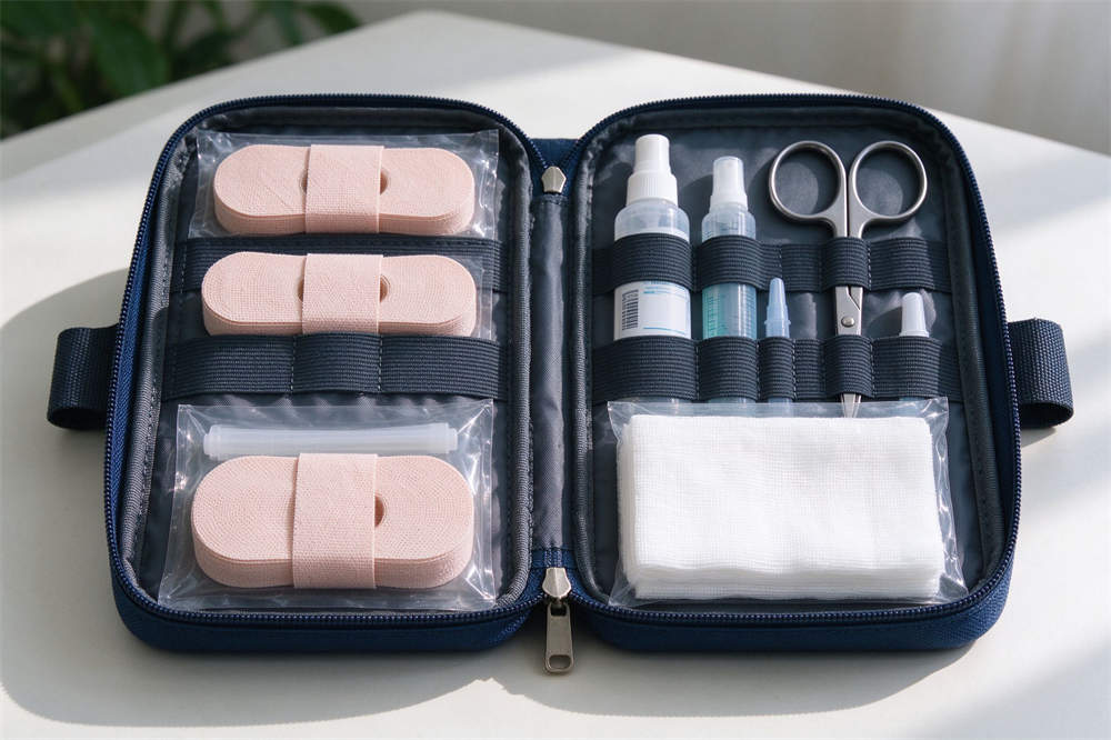 First aid kit with medical supplies for emergency survival kit, bandages gauze scissors gloves, essential disaster preparedness supplies First aid kit with medical supplies for emergency survival kit, bandages gauze scissors gloves, essential disaster preparedness supplies