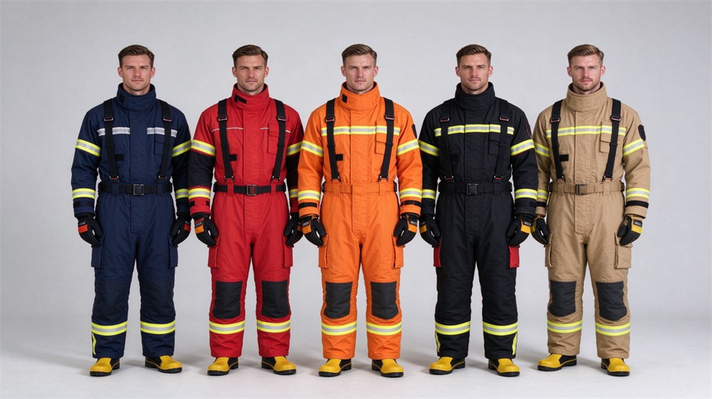 Studio product shot of five firefighter turnout coats lined up in different colors tan black red navy and orange, displayed on invisible mannequins against light gray background