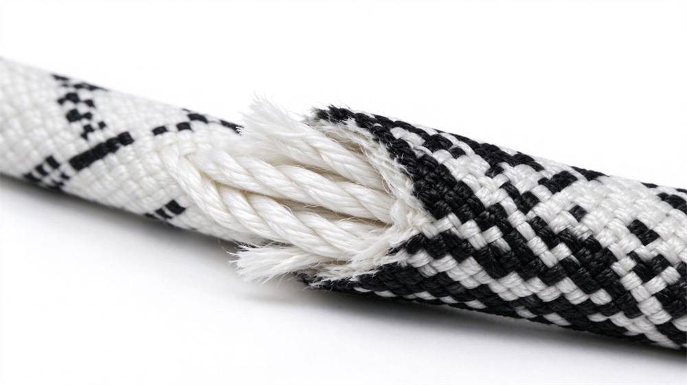 Macro studio shot of a 10.5 mm static rope kernmantle cross section showing braided outer sheath and parallel inner core fibers, light gray background