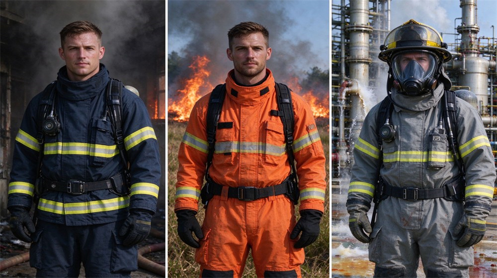 Three firefighters in different fire protective suits stand in fire emergency scenes